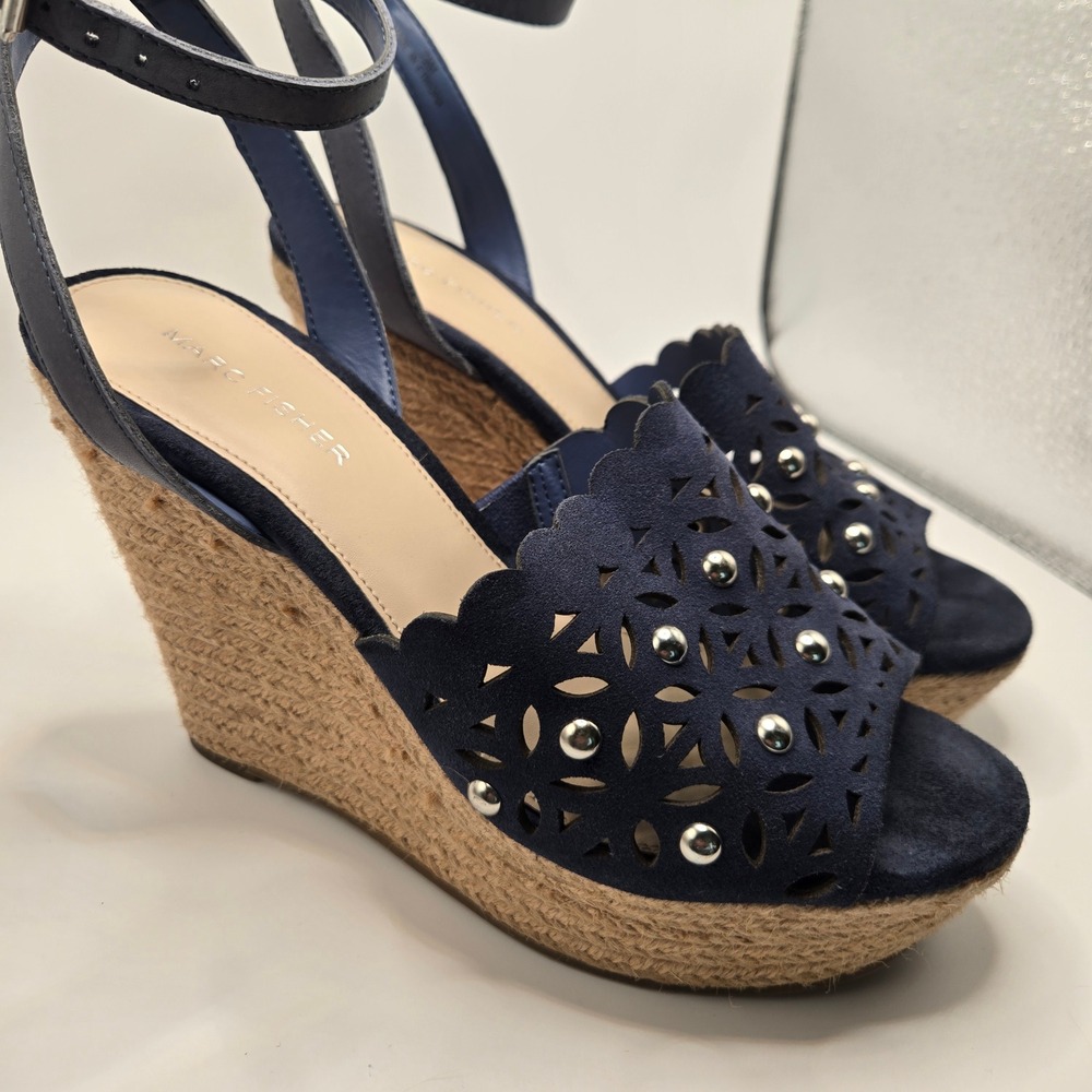 Marc Fisher Wedge Sandals Womens 7.5 Navy Blue Laser Cut Studded‎ (S10